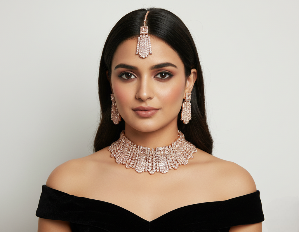 Luxury Rose Gold Plated Bridal Choker Necklace Set with Earrings & Maang Tikka