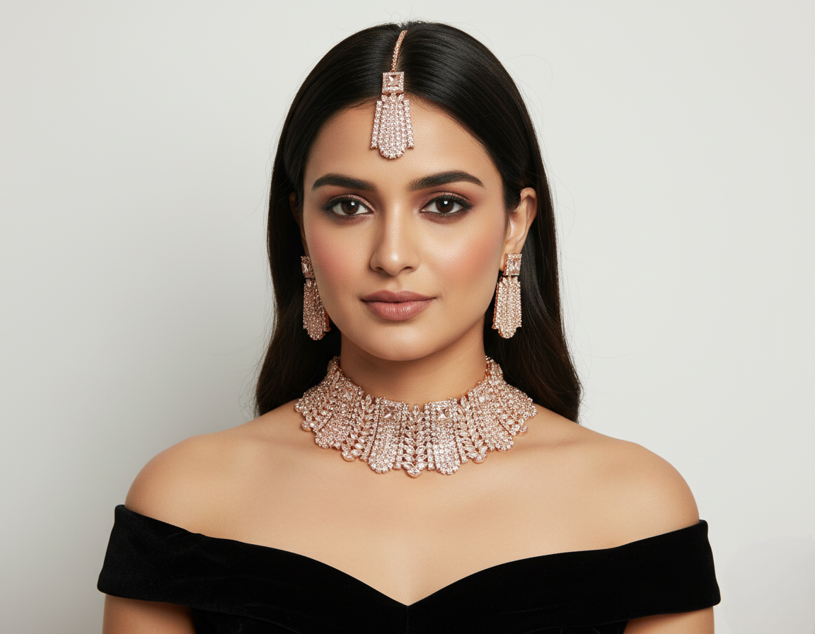 Luxury Rose Gold Plated Bridal Choker Necklace Set with Earrings & Maang Tikka
