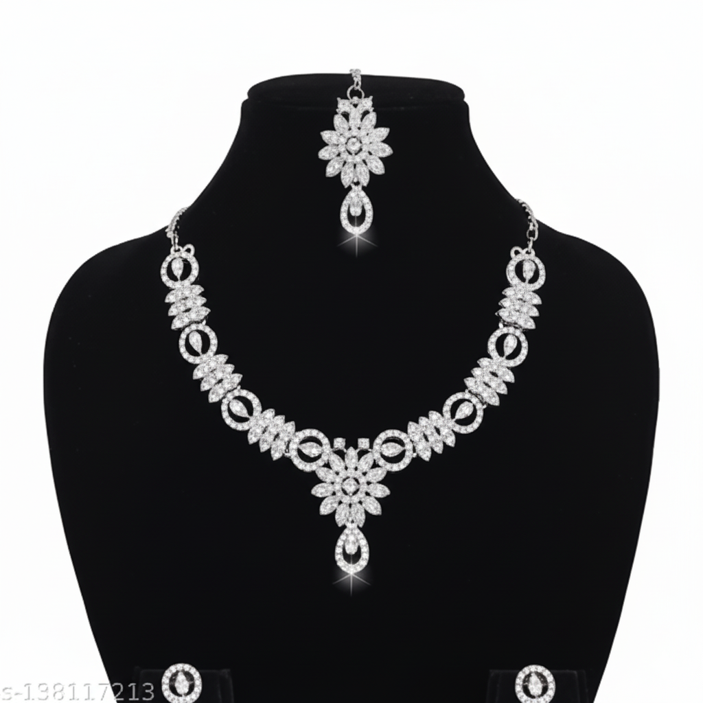 Elegant Silver Plated Flower Design Necklace Set with Earrings & Maang Tikka