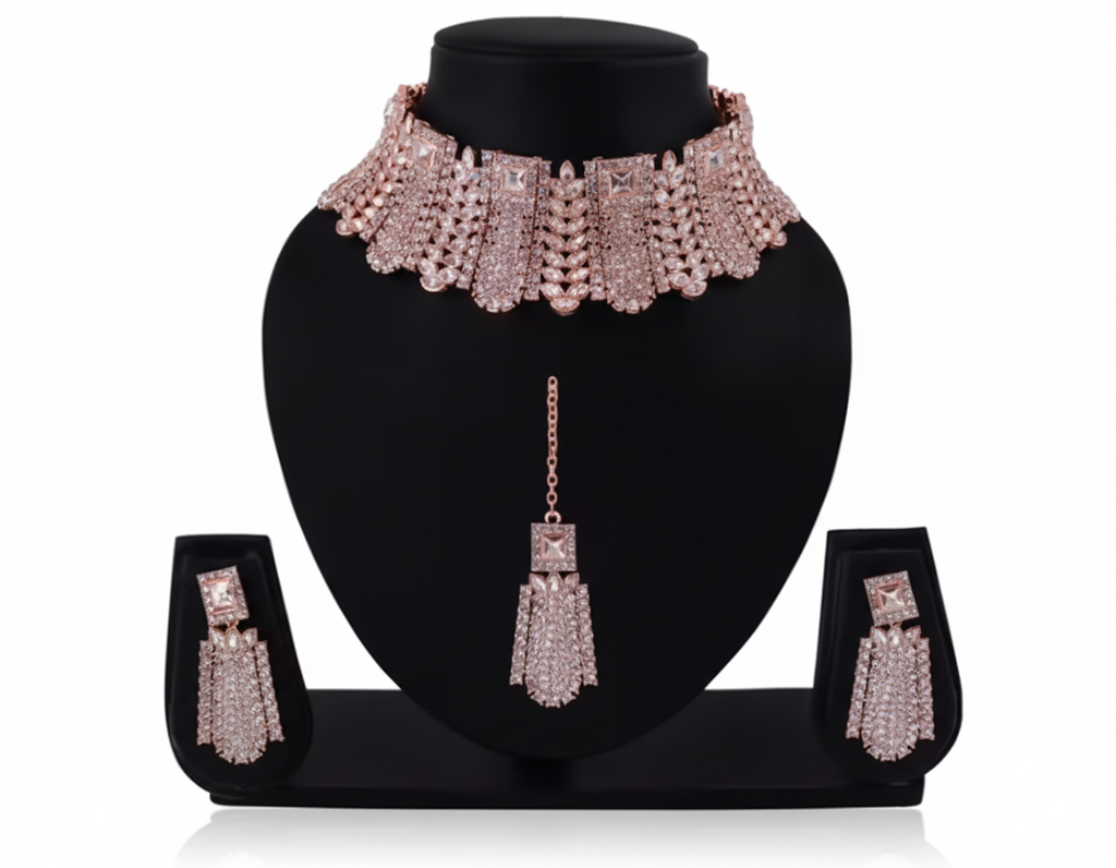 Luxury Rose Gold Plated Bridal Choker Necklace Set with Earrings & Maang Tikka