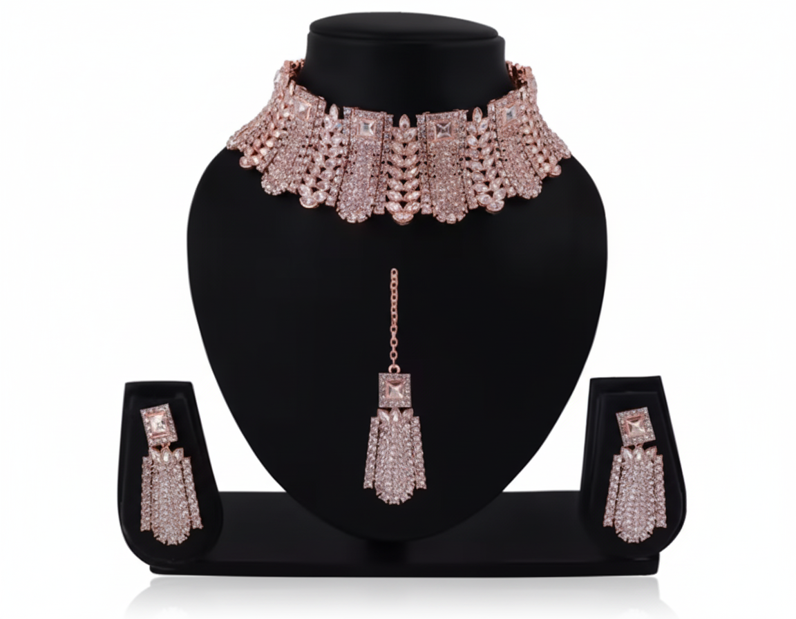 Luxury Rose Gold Plated Bridal Choker Necklace Set with Earrings & Maang Tikka