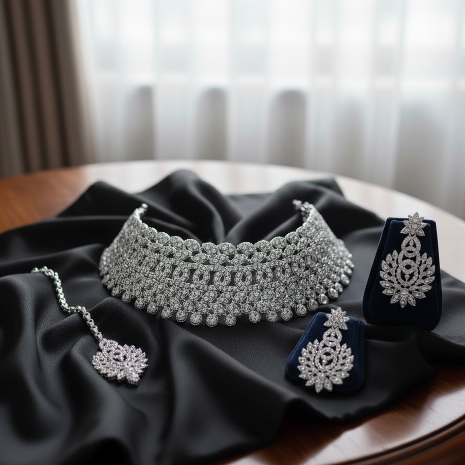 Sterling Rhodium Plated Jewellery Set With White Austrian Diamond