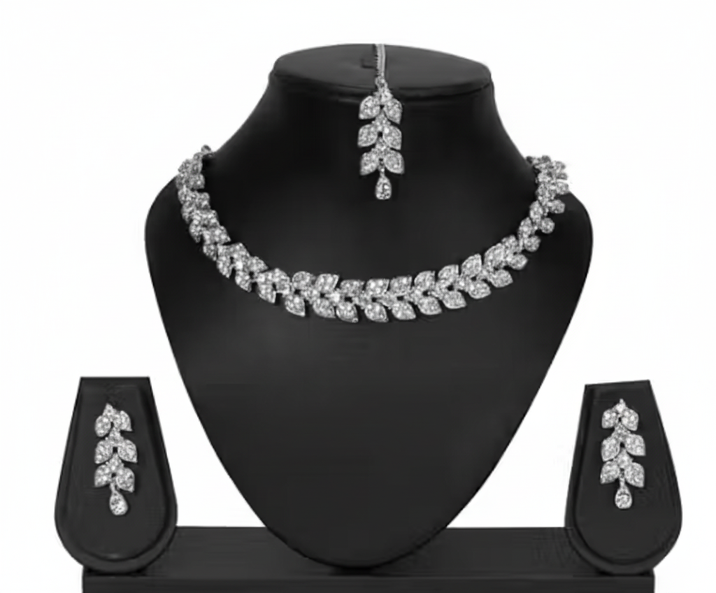 💎 Elegant Leaf Design Silver-Tone CZ Jewelry Set 💎