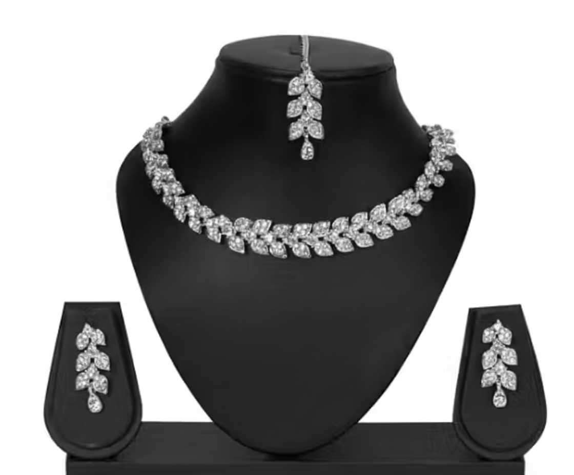 💎 Elegant Leaf Design Silver-Tone CZ Jewelry Set 💎