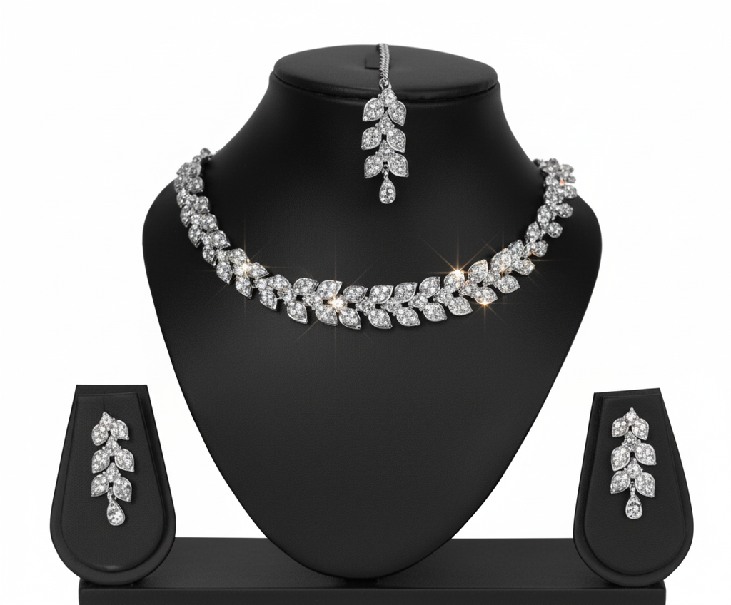 💎 Elegant Leaf Design Silver-Tone CZ Jewelry Set 💎