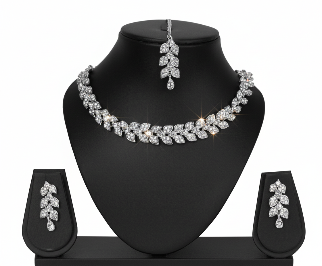 💎 Elegant Leaf Design Silver-Tone CZ Jewelry Set 💎