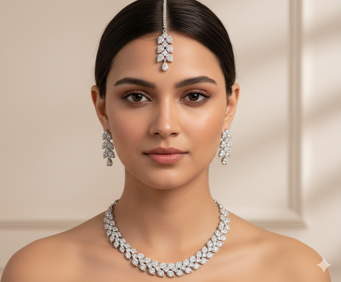 💎 Elegant Leaf Design Silver-Tone CZ Jewelry Set 💎