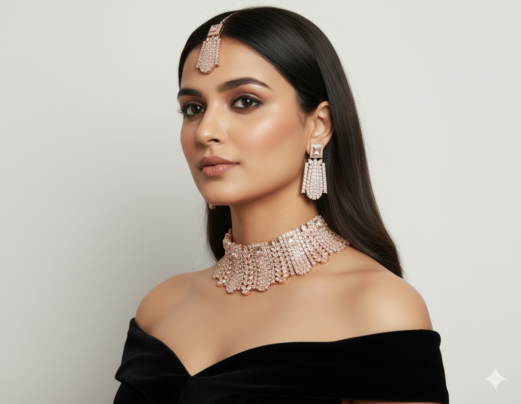 Luxury Rose Gold Plated Bridal Choker Necklace Set with Earrings & Maang Tikka