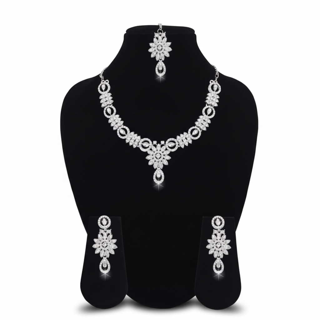 Elegant Silver Plated Flower Design Necklace Set with Earrings & Maang Tikka