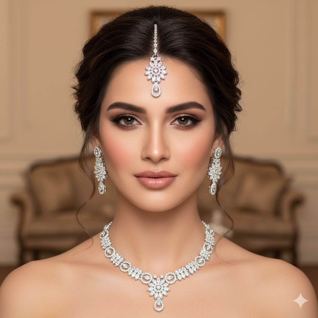 Elegant Silver Plated Flower Design Necklace Set with Earrings & Maang Tikka