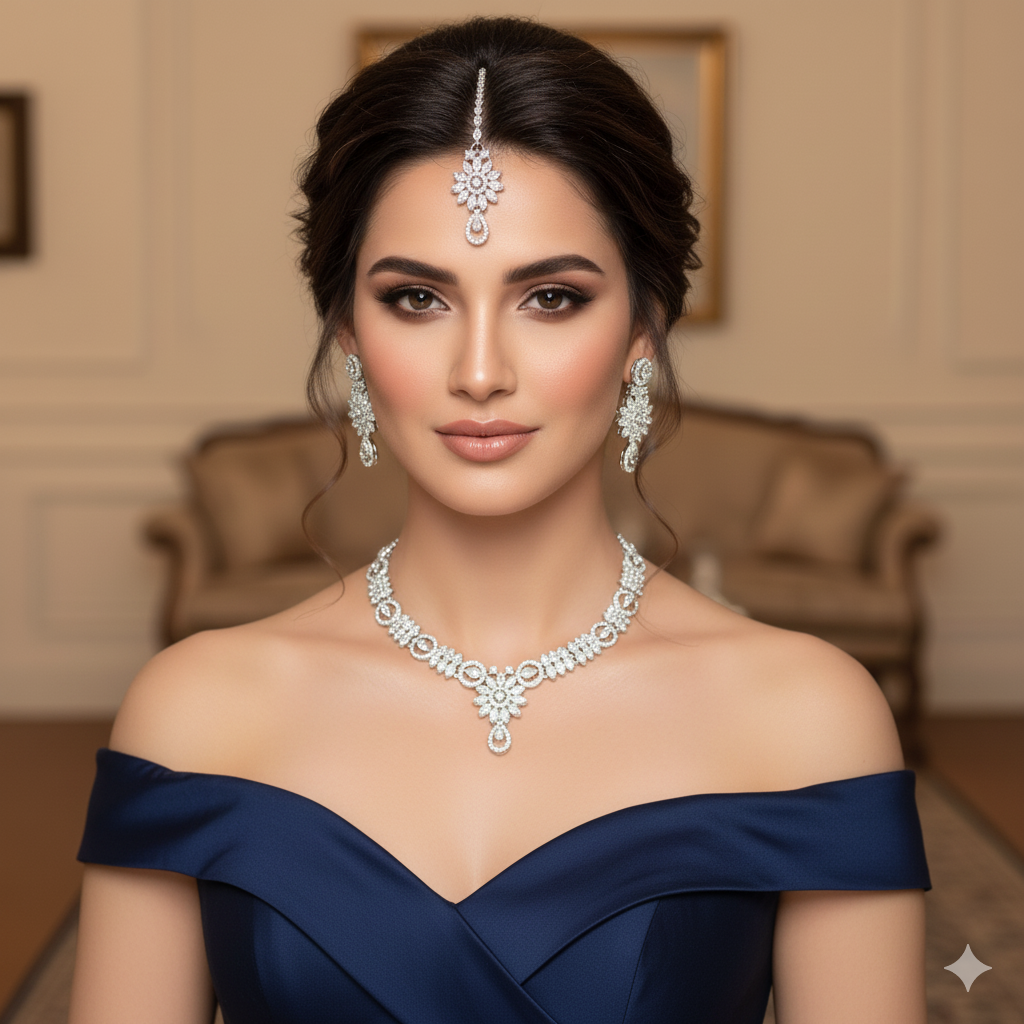 Elegant Silver Plated Flower Design Necklace Set with Earrings & Maang Tikka