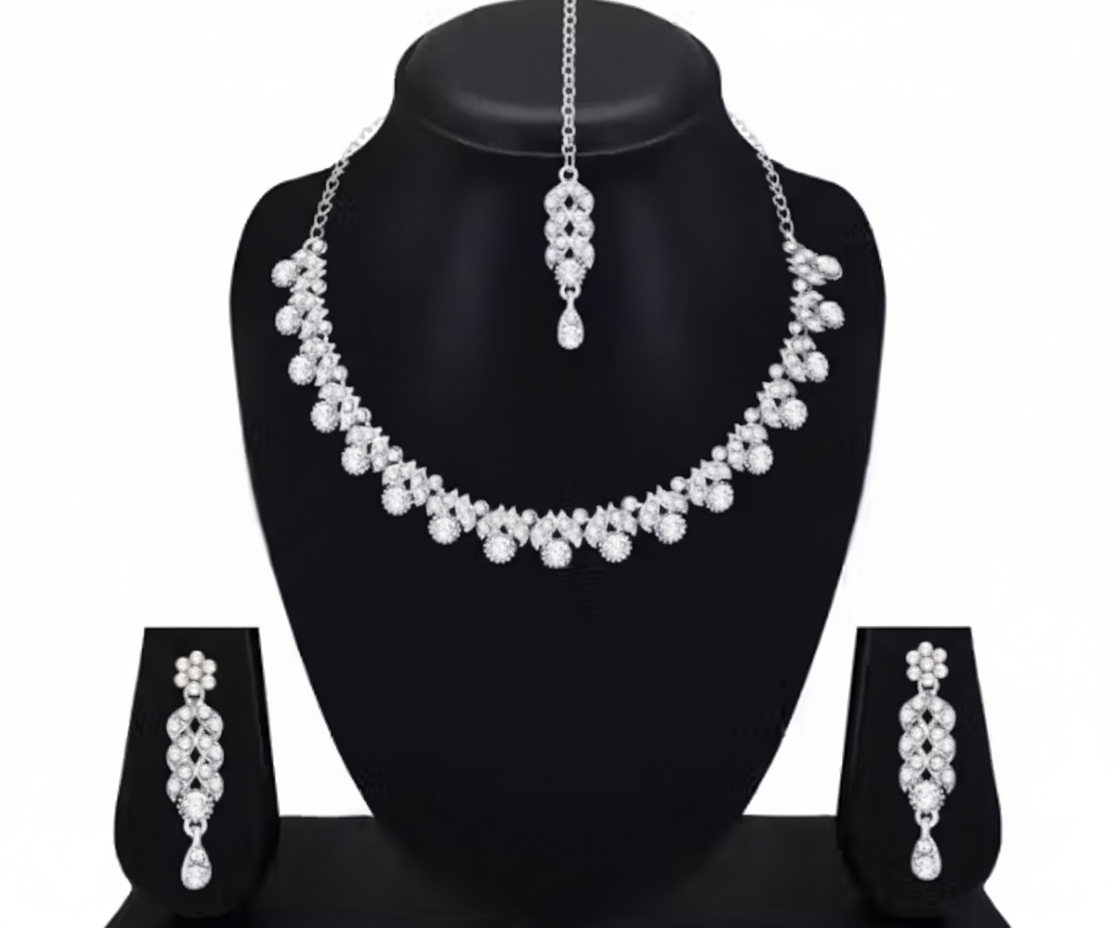 Classic Silver Plated Diamond Look Necklace Set with Earrings & Maang Tikka