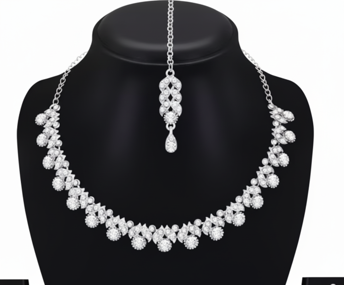 Classic Silver Plated Diamond Look Necklace Set with Earrings & Maang Tikka