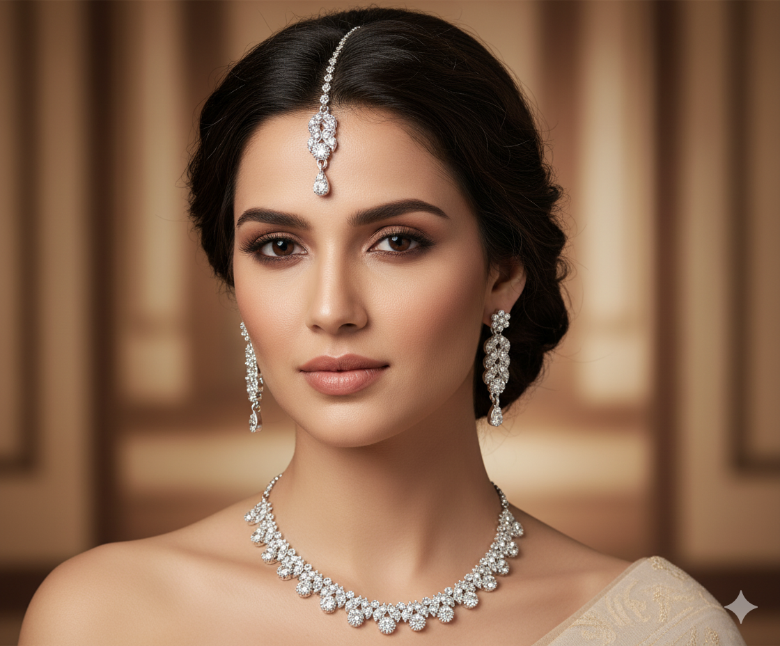 Classic Silver Plated Diamond Look Necklace Set with Earrings & Maang Tikka