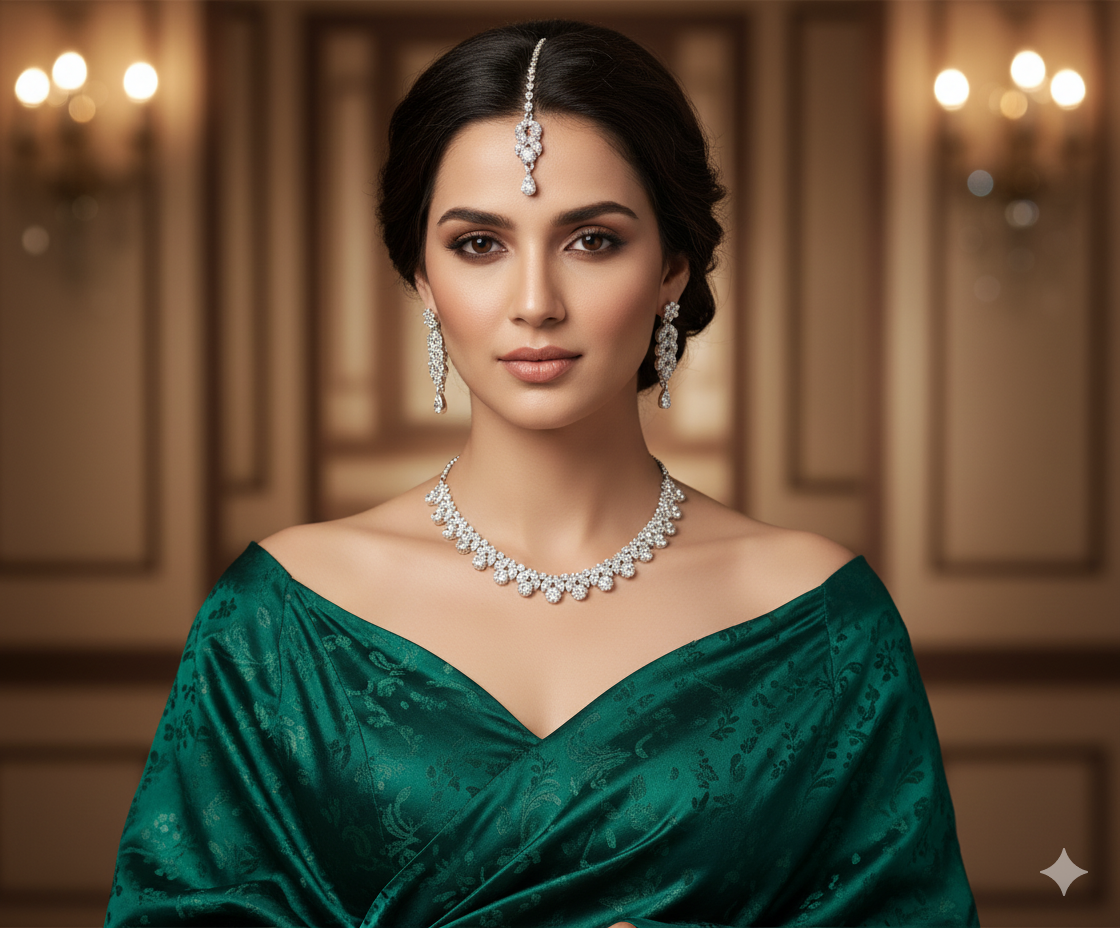 Classic Silver Plated Diamond Look Necklace Set with Earrings & Maang Tikka