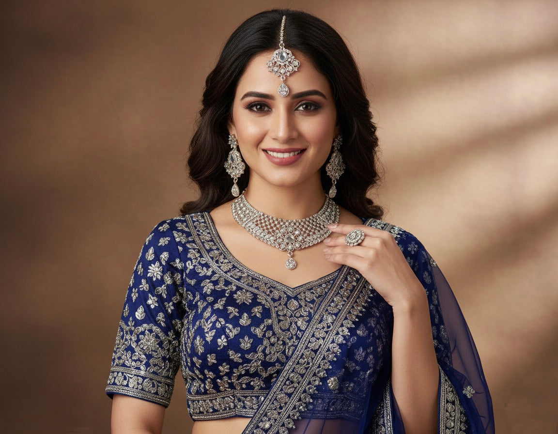 ✨ Premium Silver Plated Bridal Jewellery Set with Necklace, Earrings & Maang Tikka ✨