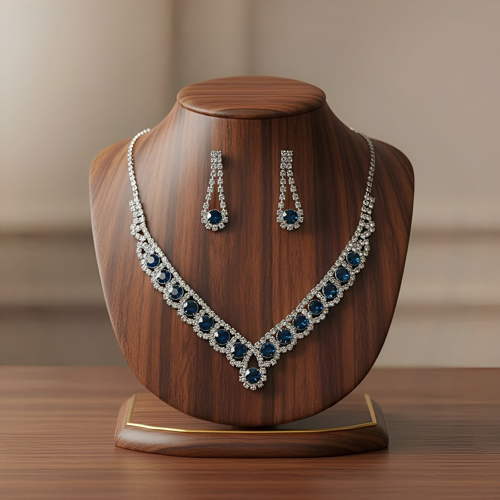 💎 Premium Bridal Jewelry Set with Blue Crystal Necklace & Matching Earrings 💎