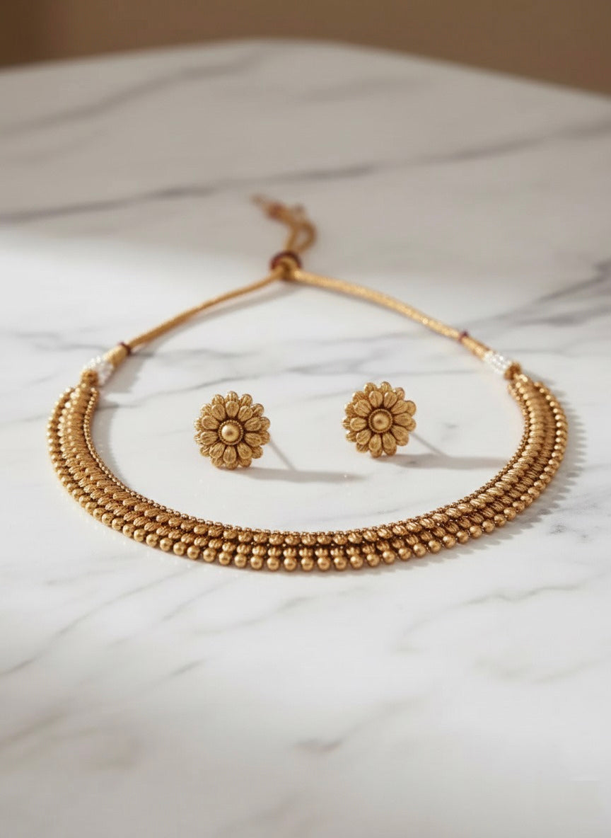 Traditional Gold-Plated Beaded Necklace Set with Floral Earrings