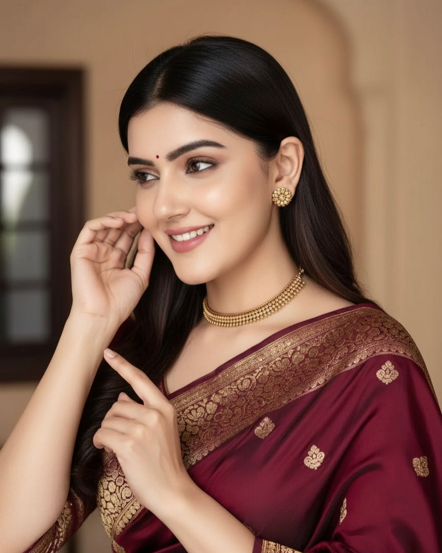 Traditional Gold-Plated Beaded Necklace Set with Floral Earrings