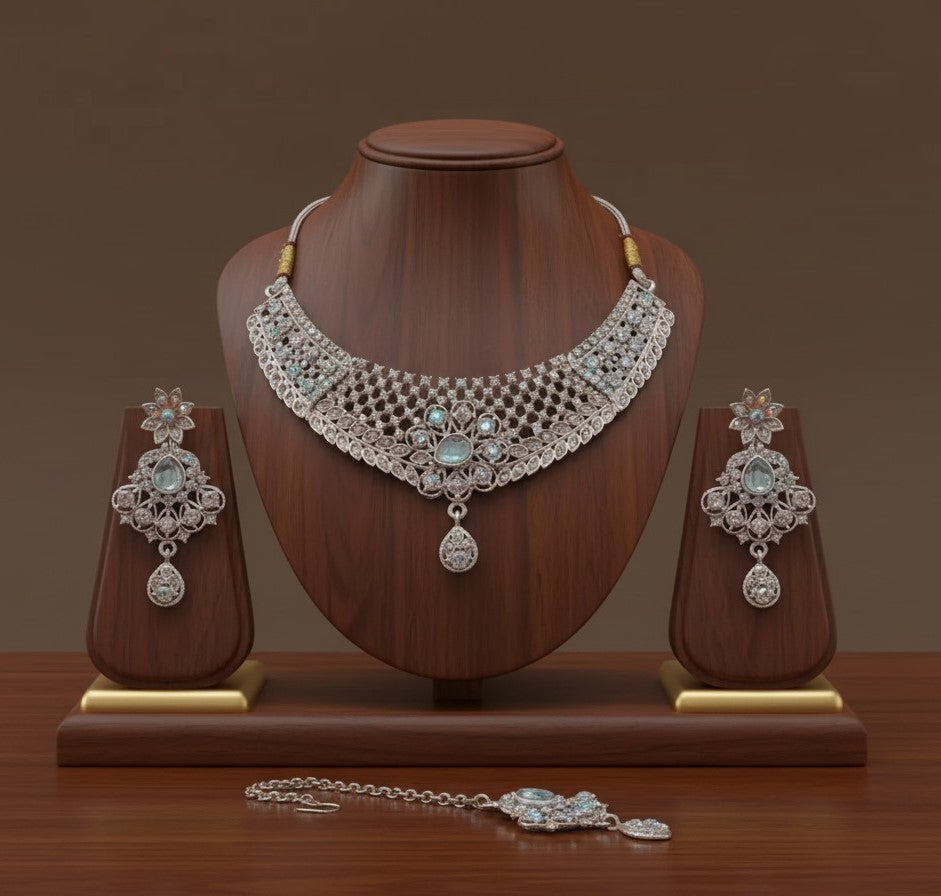 ✨ Premium Silver Plated Bridal Jewellery Set with Necklace, Earrings & Maang Tikka ✨