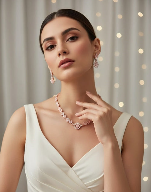 🌸 Elegant Rose Gold Pink Stone Necklace & Earrings Set 🌸
