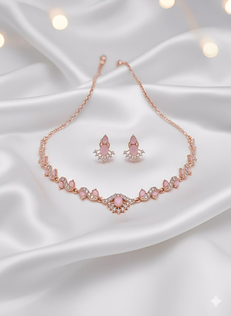 🌸 Elegant Rose Gold Pink Stone Necklace & Earrings Set 🌸